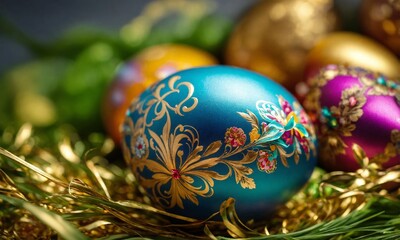 Fototapeta na wymiar colorful easter eggs and flowers, Happy Easter