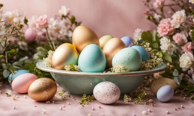 colorful easter eggs and flowers, Happy Easter
