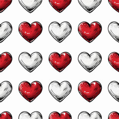 Seamless pattern with white and red hearts. My love is drawing. 