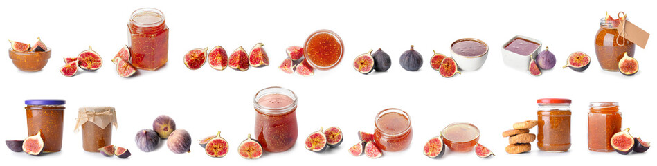 Set of sweet fig jam on white background