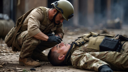 Medic Assisting Fallen Soldier, created with Generative AI technology