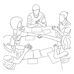 Business meeting discussion between workers in the office hand drawn vector illustration line art design.
