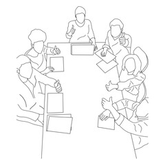Business meeting discussion between workers in the office hand drawn vector illustration line art design.
