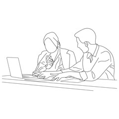 Business meeting discussion between workers in the office hand drawn vector illustration line art design.
