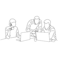 Business meeting discussion between workers in the office hand drawn vector illustration line art design.
