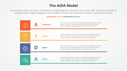 AIDA marketing model infographic concept for slide presentation with boxed creative rectangle stack with 4 point list with flat style