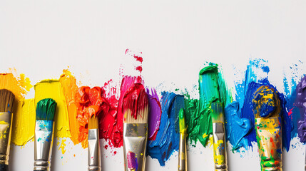 An arrangement of colorful paintbrushes dipped in various hues of paint on a pristine white surface