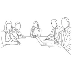 Business meeting discussion between workers in the office hand drawn vector illustration line art design.
