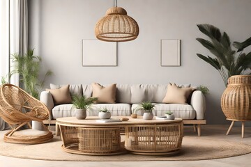 Home interior mock-up with rattan furniture, table and decor in living room, 3d render - obrazy, fototapety, plakaty