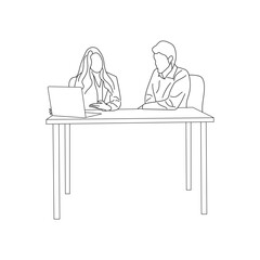 Business meeting discussion between workers in the office hand drawn vector illustration line art design.
