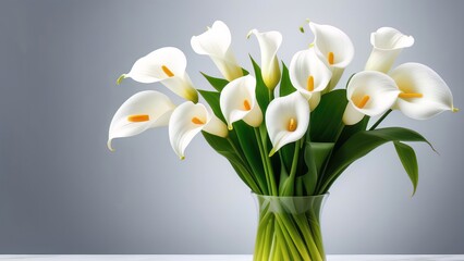 Beautiful bouquet of white calla lilies on a gray background
