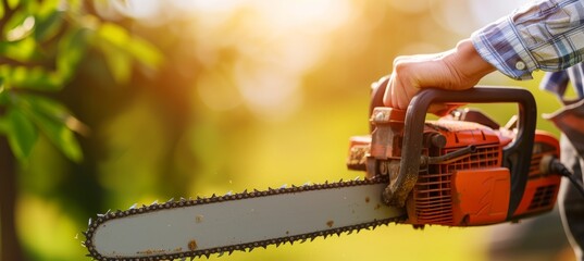 Fototapeta premium Close up of construction worker cutting trees with portable gasoline chainsaw, copy space available