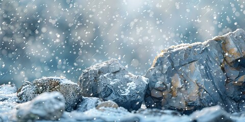 Vast winter scene with isolated rocks and gentle snowfall in wilderness. Concept Winter Wilderness, Isolated Rocks, Snowfall Scenery, Vast Landscape, Nature Photography