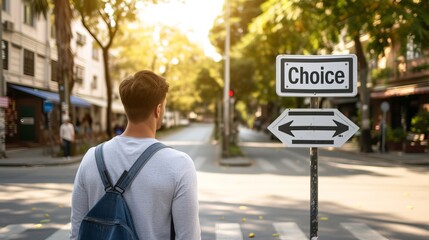 Confused man standing at crossroads, trying to make a choice, with a two way sign labeled  choice.