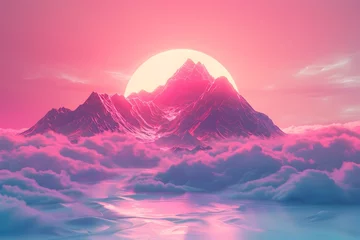 Fotobehang Synthwave Mountains at Sunrise with Floating Clouds psychedelic rock landscape 80s retro visual design background © Duanporn