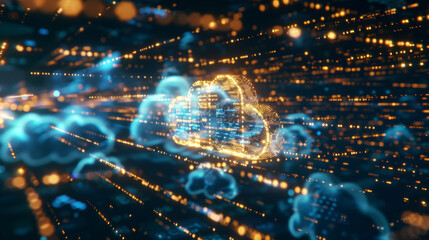 Fototapeta premium cloud computing hologram, highlighted with blue and golden lights, dominates the foreground