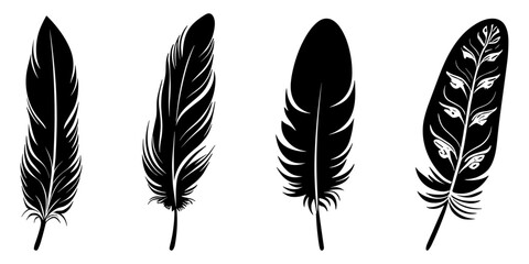 Black fluffy feather. Hand drawing vintage art realistic quill feathers for pen detailed isolated vector elegant silhouette sketch bird plume set