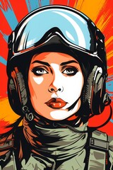 modern  women soldier in helmet with make-up  in pop art style