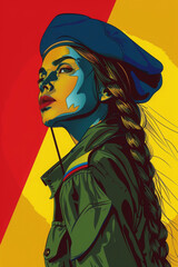modern  women soldier in helmet with make-up  in pop art style