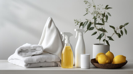 Eco-Friendly Household Cleaning Supplies. DIY all-purpose cleaners and disinfectants. eco-friendly DIY cleaning supplies, including a spray bottle, lemons, and a cloth. - obrazy, fototapety, plakaty