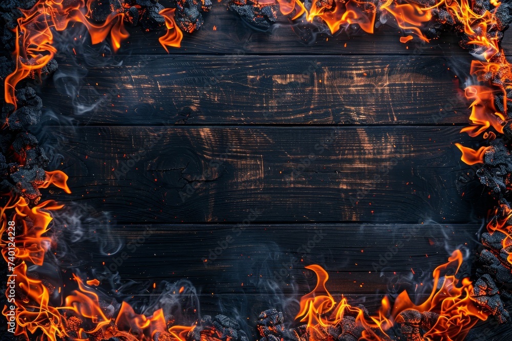 Poster striking frame made out of flames on a wooden surface, creating a dramatic visual contrast. the inte