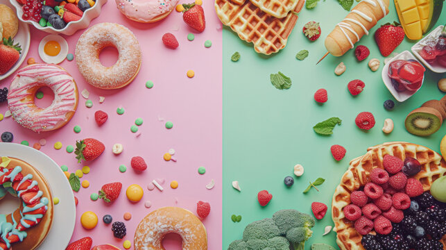 Vibrant split composition contrasts colorful donuts on a pink background with fresh fruits and vegetables on green. The image symbolizes the balance between indulgent sweets and nutritious foods.