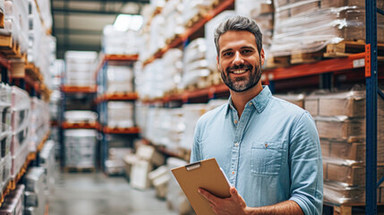 A smiling male manager holding a clipboard stands confidently in a busy warehouse.