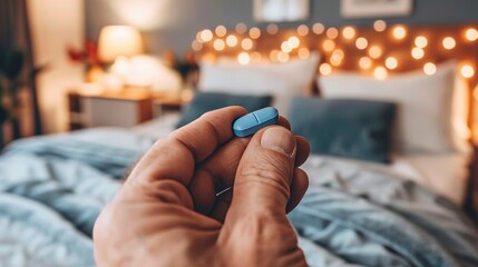 Man s hand holding blue pill against blurred bedroom background   medication concept in home setting