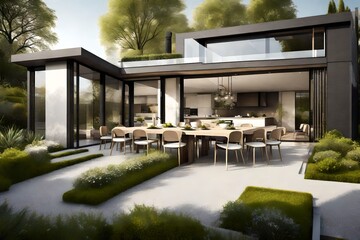 View of luxurious modern house exterior with dining space and garden