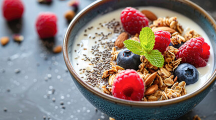 A bowl of creamy yogurt is topped with a nutritious mix of granola, fresh berries, almonds, and chia seeds. This close-up captures the textures and colors of a healthy breakfast option.