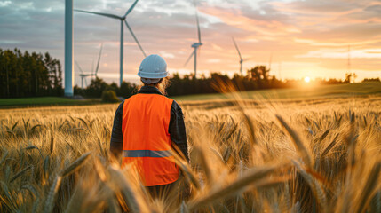 An engineer in a high-visibility vest stands amidst a wheat field at sunset, gazing at the towering wind turbines ahead.