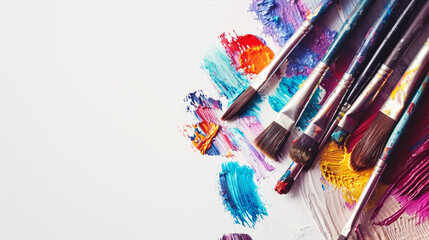 Obraz premium An arrangement of colorful paintbrushes dipped in various hues of paint on a pristine white surface