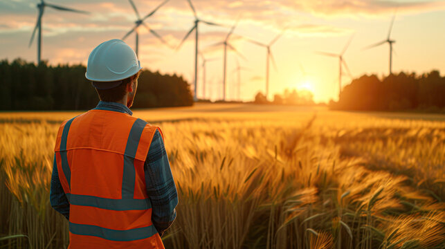 An engineer in a high-visibility vest stands amidst a wheat field at sunset, gazing at the towering wind turbines ahead.