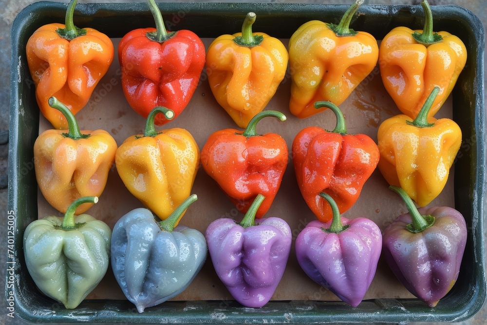 Poster a collection of vibrant peppers sits atop a metal pan, creating a colorful and eye-catching display.