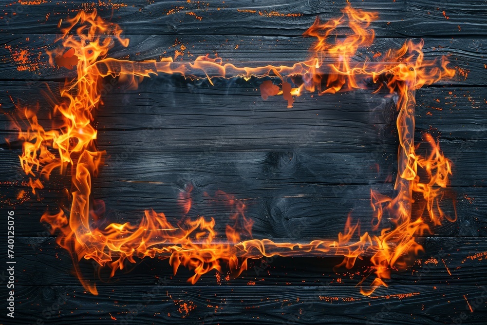 Aufkleber fiery frame frame display. flaming border on dark wooden background