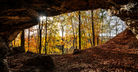 Panoramic view from a small cave (Perick Caves) in a limestone quarry in a nature reserve in Hemer...