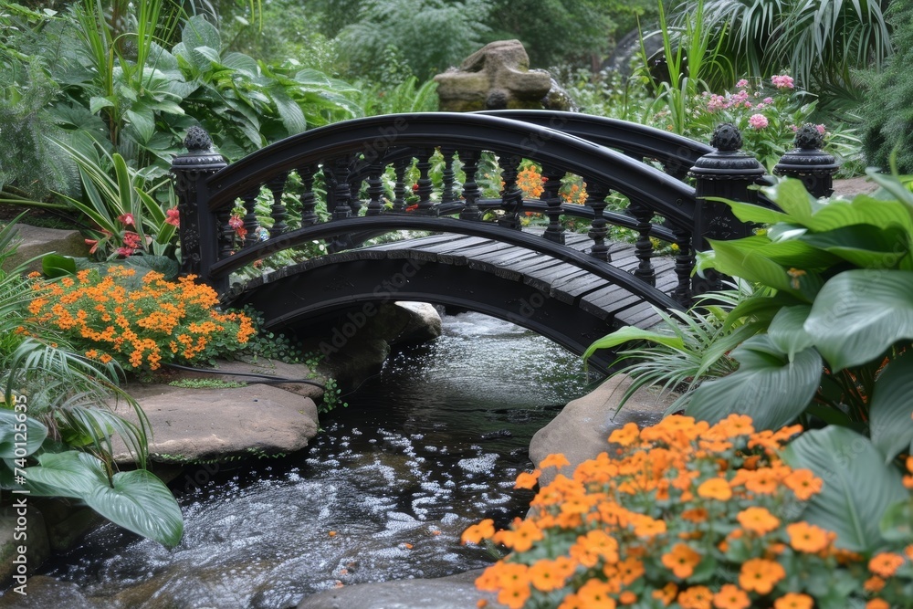 Poster a charming bridge crosses over a gentle stream, surrounded by lush greenery and colorful blossoms in