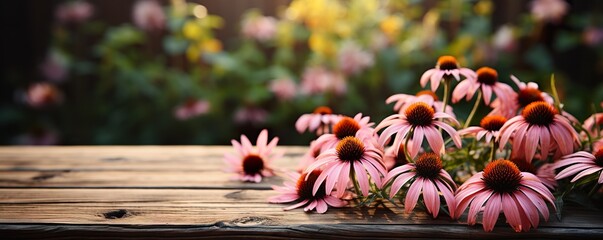 Empty rustic old wooden boards table copy space with Echinacea or coneflower plants in background