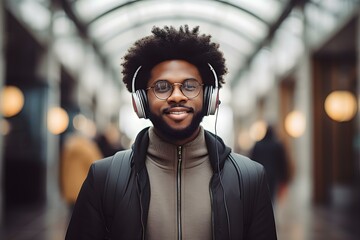 African American Man Wearing Glasses and Headphones. Concept Portrait Photography, Style and Fashion, Eyewear Trends, Music Lovers, Fashion Accessories