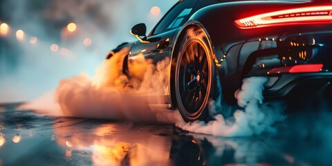 Black sports car drifting with smoking tires in dramatic closeup shot. Concept Sports Car Drifting, Dramatic Closeup, Smoking Tires, Black, Action Shot - obrazy, fototapety, plakaty