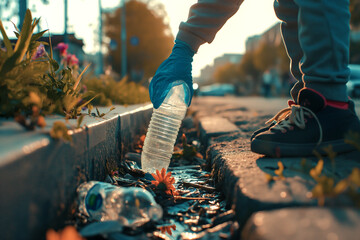 Enfant qui ramasse des déchets comme une bouteille en plastique vide dans la rue pour rendre propre sa ville dans une démarche éco-responsable - 740126086
