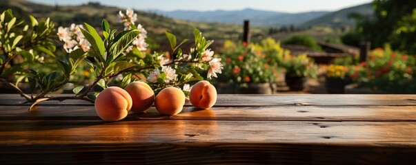 Empty rustic old wooden boards table copy space with peach trees orchard in background. Some ripe fruits on desk. Product display template