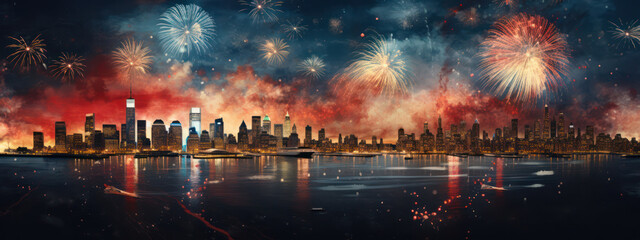 Obraz premium Nightly Celebration: Skyscraper Spectacle with Colorful Fireworks over Manhattan River