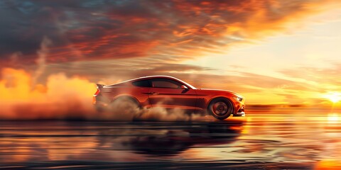 Car skidding in dramatic drift under orange sunset sky backdrop. Concept Car drifting under sunset sky, Dramatic skidding maneuver, Orange sunset backdrop, Exciting car stunt, High-speed drifts