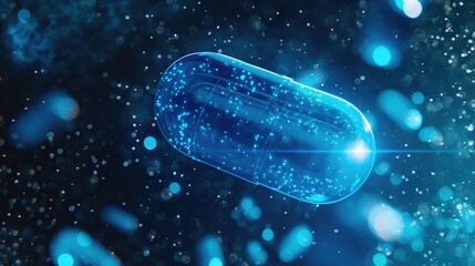 Futuristic Concept of a Glowing Blue Medicinal Pill Surrounded by Bio-Particles