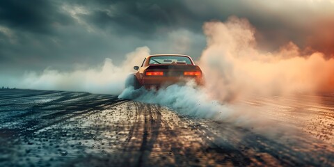 A race car makes a dramatic drift leaving a cloud of smoke. Concept Action photography, Car sports, Dramatic moments, Smoke effect, Motorsport art