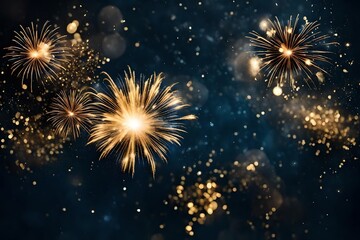 Gold and dark blue Fireworks and bokeh in New Year eve and copy space. Abstract background holiday - obrazy, fototapety, plakaty