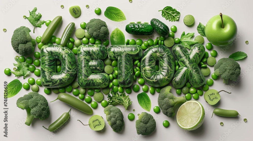 Poster detox word from a variety of green vegetables and fruits, creating a unique and creative image