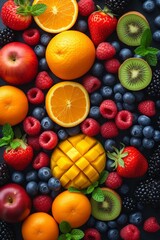 An assortment of fresh, organic fruits - orange, kiwi, strawberry - offers sweet, healthy nutrition and vibrant colors.