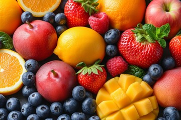 Naklejka na ściany i meble An array of fresh, juicy fruits — strawberries, oranges, kiwis — provides delicious nutrition in a vibrant display.